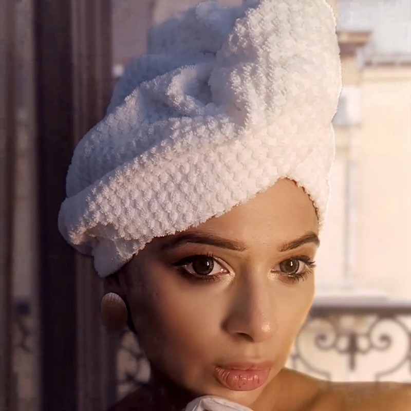 Musae mane hair towel to help prevent frizz in humid weather