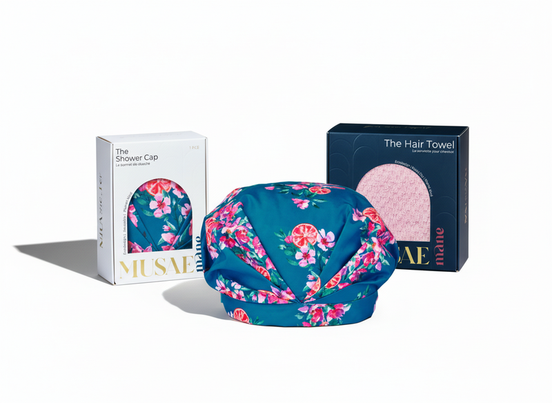 The best haircare routine for fine hair is the musae mane shower cap and hair towel