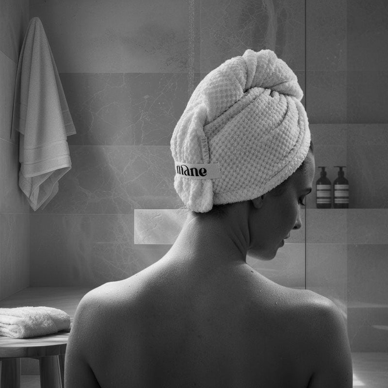 Model in the Musae mane eco-organic cotton and bamboo hair towel.