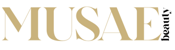 MUSAE Beauty logo, gold and black on a transparent background