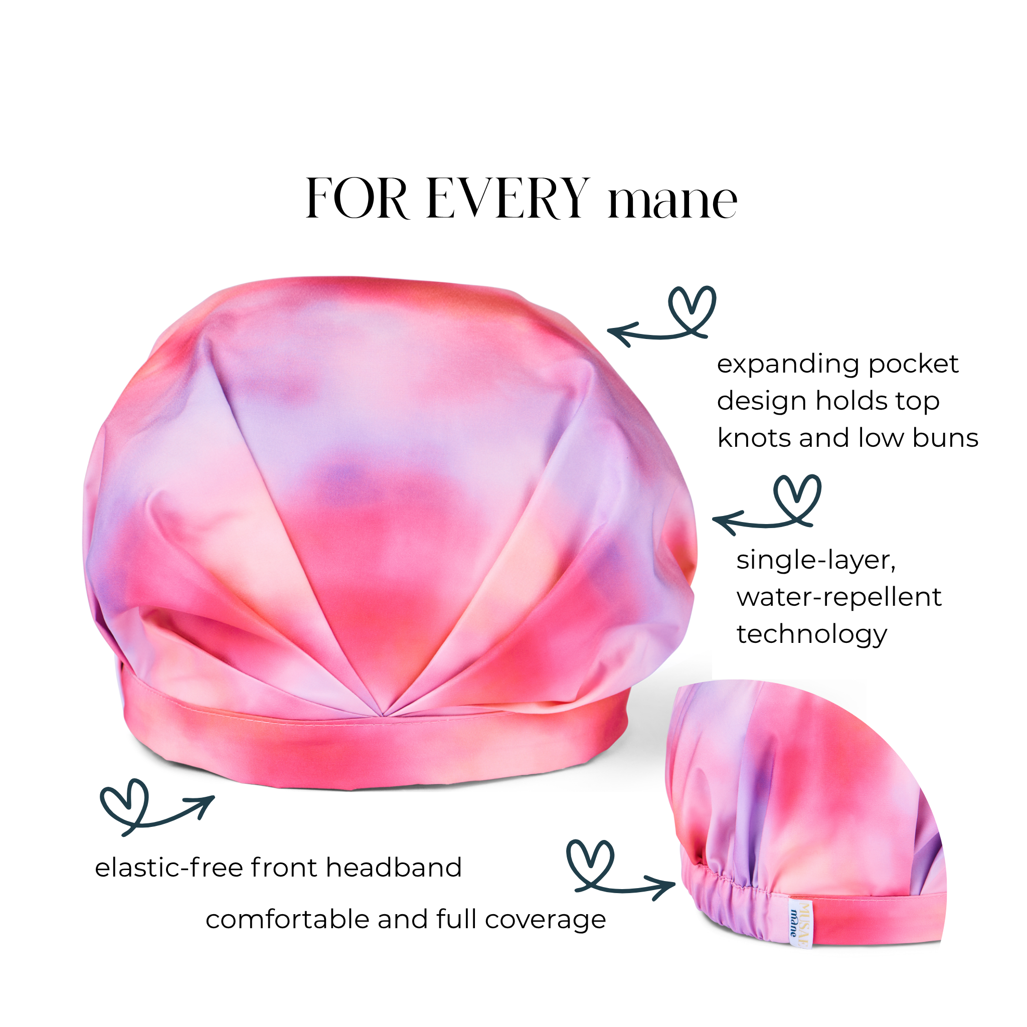 Pink and purple tie-dye hair shower cap with features highlighted on a white background