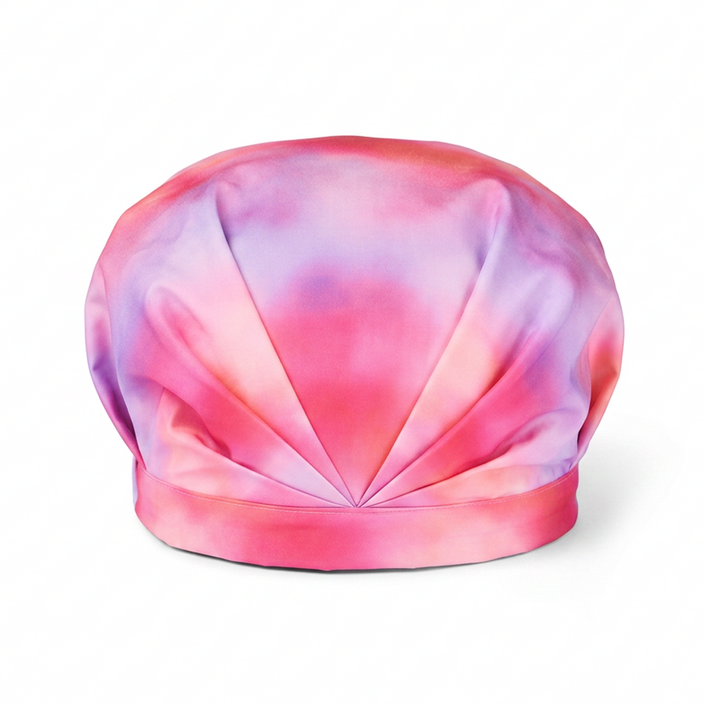 Musae Mane Shower Cap in Sunset print on a white background