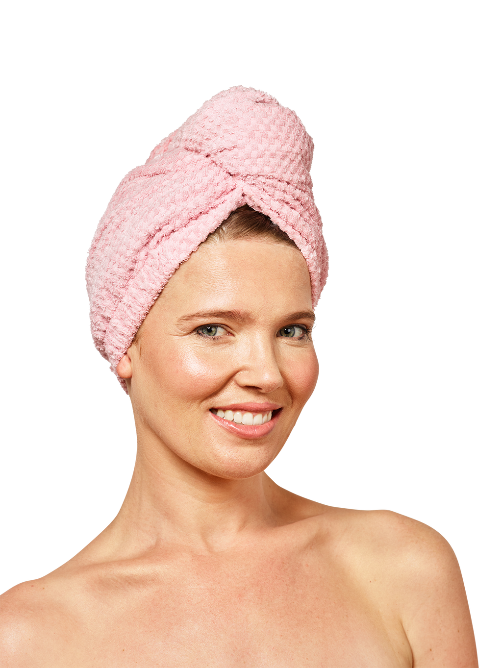 Woman wearing a pink textured musae mane hair towel on a white background